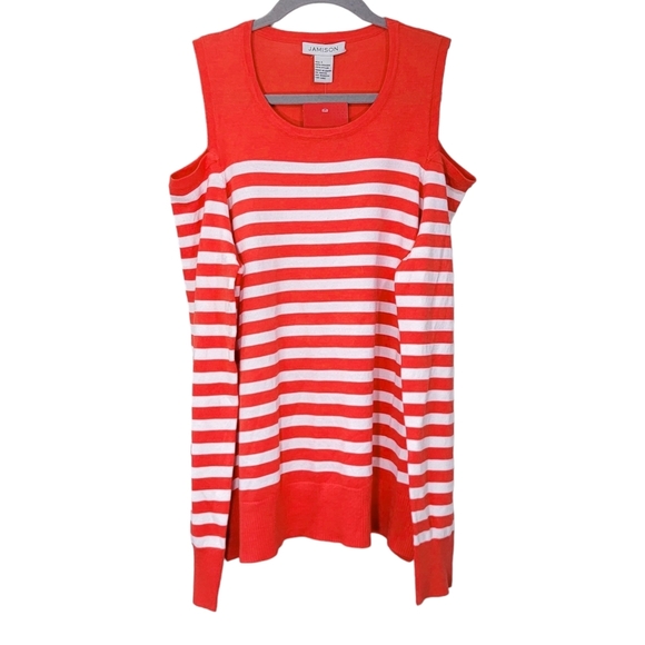 Evereve Sweaters - Jamison Evereve NWT Blood Orange White Striped Cold Shoulder Sweater Size Large